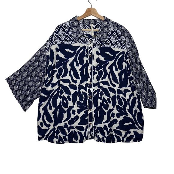 By Anthropologie Printed Linen Blend Buttondown Shirt Top Sz 2X Beach Nautical - Picture 2 of 14